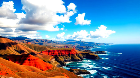 Beautiful seascape with blue sky and red sand dunes.の写真素材