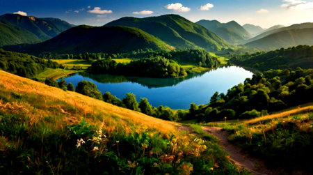 Mountain lake in the morning. Beautiful summer landscape. Ukraine, Europe.