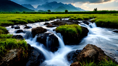 Mountain river in the valley with green grass and blue sky.の写真素材