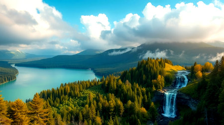 Mountain lake with a waterfall in the mountains. Autumn landscape.の写真素材