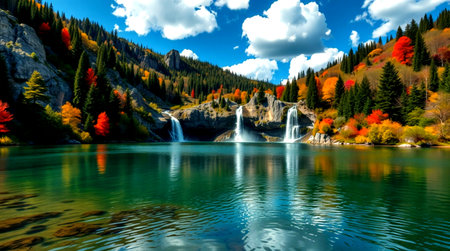 Autumn alpine lake with waterfall in Jiuzhaigou, China