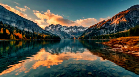 Mountain lake with reflection of mountains in the water at sunset.の写真素材