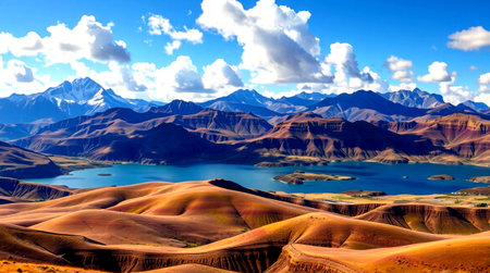 Mountain landscape with lake in the middle of the sand dunesの写真素材