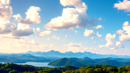Beautiful summer landscape with mountains, lake and blue sky with clouds