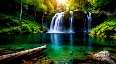 beautiful waterfall in green forest, long exposure, long exposure photo