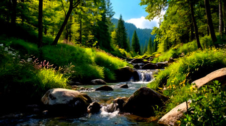 Mountain stream in the forest. Beautiful summer landscape in the mountains.