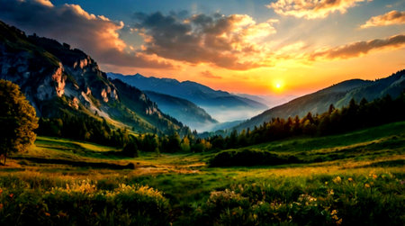 Sunset in the mountains. Beautiful summer landscape. Panoramic view.の写真素材
