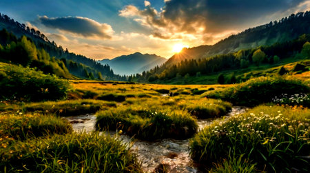 Mountain landscape at sunset. Panoramic view of a mountain valley with a mountain river.の写真素材