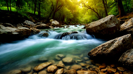 Mountain river in the forest with rocks and sunlight. Nature background