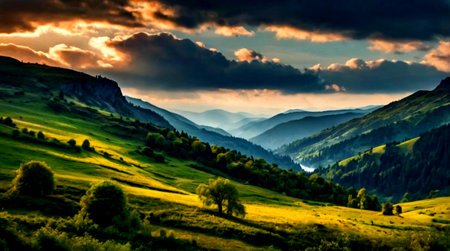 Landscape with mountains and clouds at sunset. Carpathian, Ukraineの写真素材