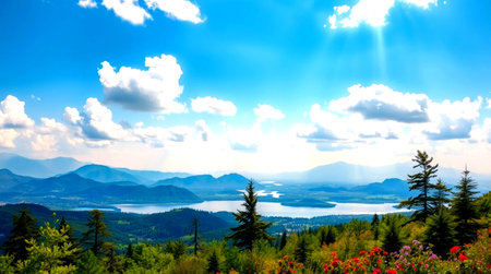 Panoramic view of the lake in the mountains. Beautiful summer landscape.の写真素材