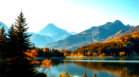 Mountain lake in the autumn. The lake is surrounded by high mountains.