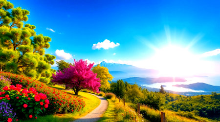 Beautiful spring landscape with blooming flowers on the hillside.の写真素材