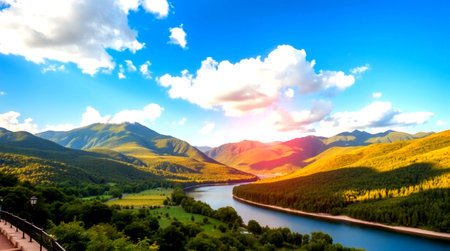 Beautiful mountain landscape. Panoramic view of the lake.の写真素材