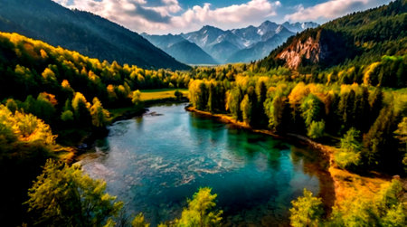 panoramic view of the mountains and the river in the autumn