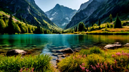 panoramic view of alpine lake in summer, swiss alpsの写真素材