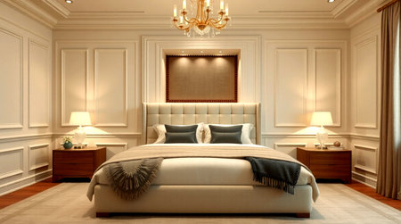 3D rendering luxury bedroom suite in classic style with beige walls