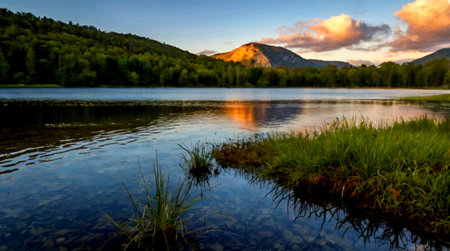 Panorama of a mountain lake at sunset, with reflection in water