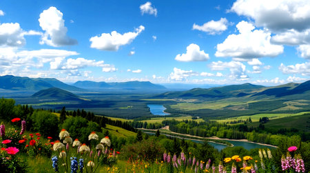 Beautiful summer landscape with mountains and lake. Siberia, Russia.の写真素材