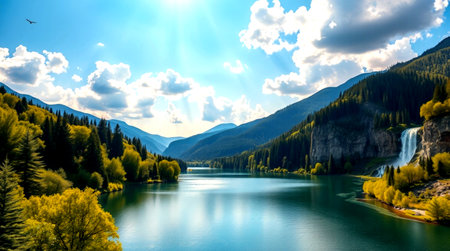 Beautiful alpine lake in the mountains with blue sky and clouds