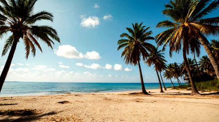 Palm trees on the beach with blue sky and white clouds.の写真素材