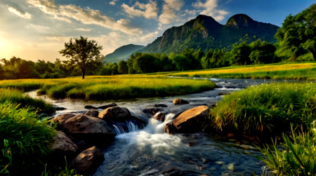 Mountain and river in the morning. Landscape with mountain and river