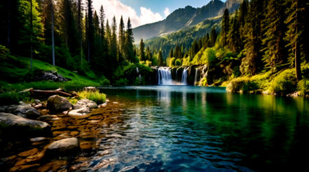 Beautiful view of a mountain lake with a waterfall in the background