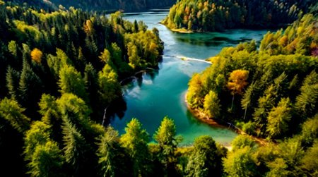 Aerial view of beautiful lake and forest in autumn. Aerial view of beautiful lake and forest