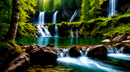 Waterfall in the forest. Beautiful landscape with a waterfall in the forest.
