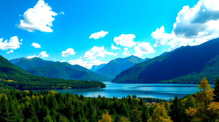 panoramic view of alpine lake and mountains in New Zealandの写真素材