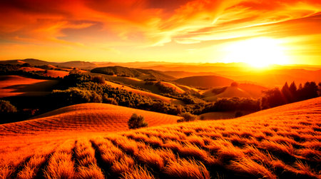 Sunset in Tuscany, Italy. Beautiful landscape of hills.の写真素材