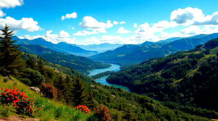 panoramic view of the lake in the mountains in the summerの写真素材
