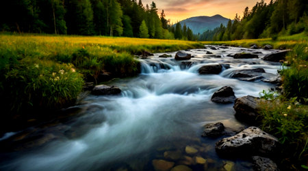 Mountain river in the Carpathians, Ukraine. Long exposure