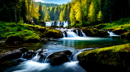 Long exposure of a waterfall in the middle of a green forest.
