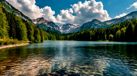 Panoramic view of a mountain lake in the Dolomites