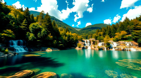 Beautiful landscape of mountain river and forest with blue sky background.
