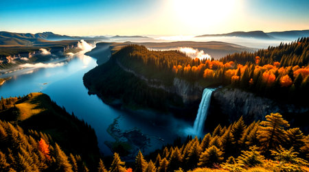 Colorful autumn landscape with a waterfall at sunrise in the mountains.