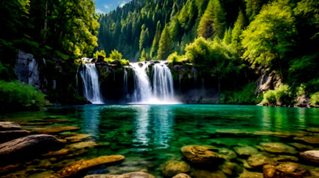 Waterfall in the mountains. Summer landscape with a waterfall in the mountains.