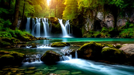 Waterfall in deep forest at summer. Beautiful waterfall in deep forest.