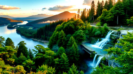 Mountain landscape with a waterfall at sunsetの写真素材
