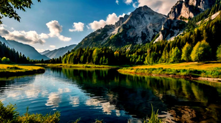panoramic view of the alpine lake in the italian alpsの写真素材