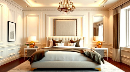 3d rendering luxury classic bedroom suite in hotel with wood floor and gold walls