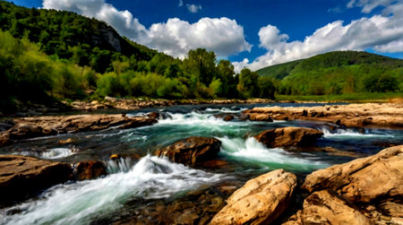 mountain river and blue sky with white clouds. long shutter speedの写真素材