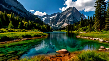 Panoramic view of beautiful alpine lake in the Dolomites, Italy