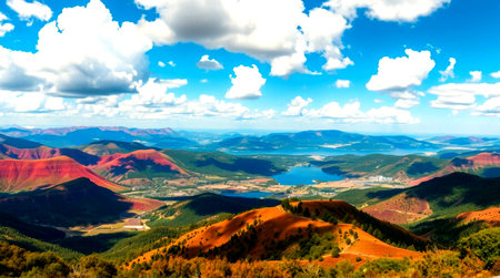 Mountain landscape with blue sky and clouds. View from the top of the mountain.の写真素材