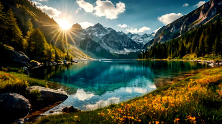 Beautiful alpine lake with reflection of mountains in the water.の写真素材