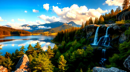 Mountain lake with a waterfall at sunset. Beautiful summer landscape.の写真素材