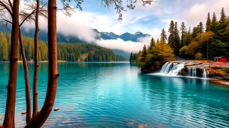 Scenic view of beautiful turquoise lake with mountains in background.の写真素材