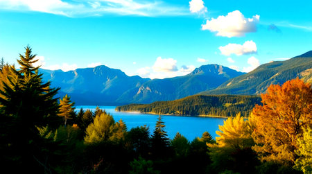 Beautiful lake in the mountains at sunset. The concept of active and ecological tourism