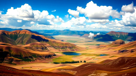 beautiful panoramic view of grassland and lake under blue skyの写真素材